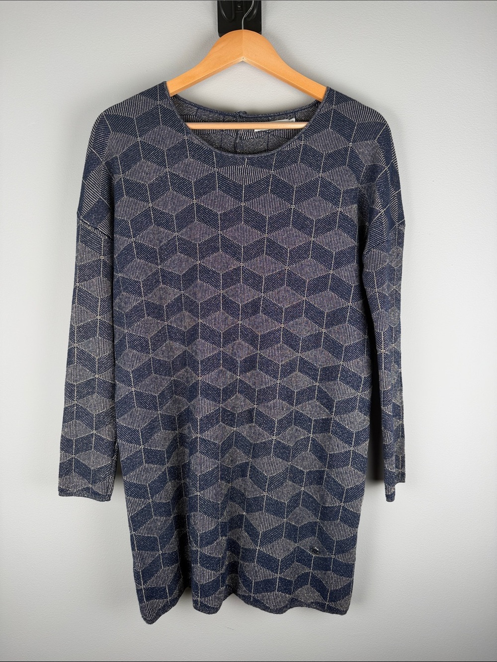 FRNCH Blue / Gold Geo Pattern Sweater Mini Dress Mod Retro Size M/L
